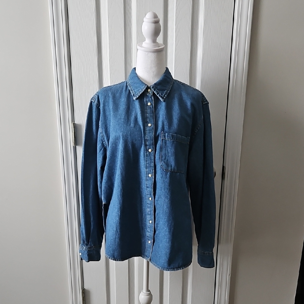 Denim Blue Pearl Snap Down Shirt for Women